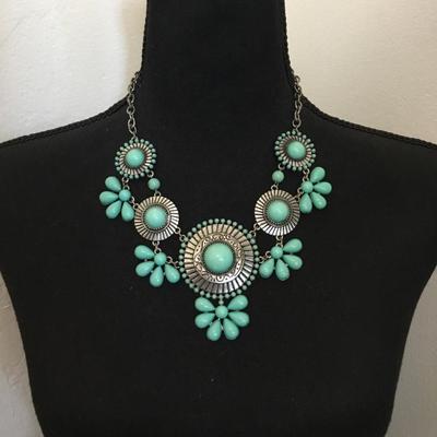 Silver, toned, turquoise, faux stone statement necklace