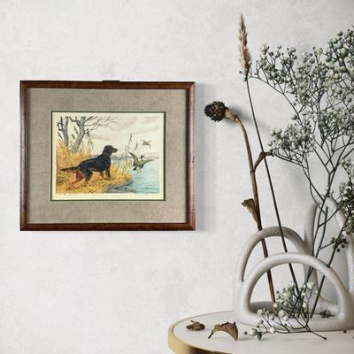 002 Retriever Hunting Dog With Duck In Flight Etching Hand-Colored By Paul Wood