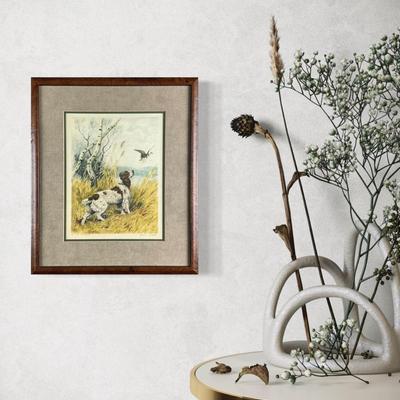 003 Spaniel Hunting Dog With Flying Bird Hand-Colored Etching By Paul Wood