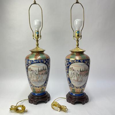 005 Pair of Porcelain Sailing Ship Lamps