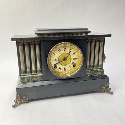 008 Antique Roman Column Mantle Clock In Black