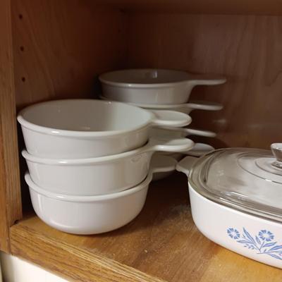CORNING WARE BAKING DISHES AND 7 SOUP BOWLS