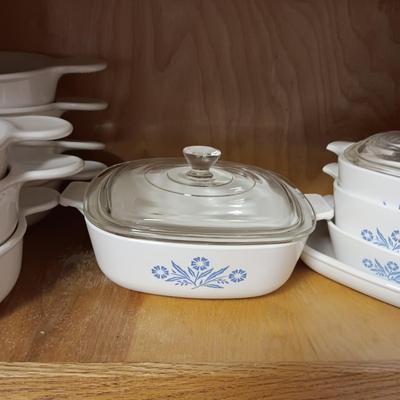 CORNING WARE BAKING DISHES AND 7 SOUP BOWLS