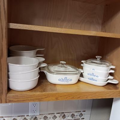 CORNING WARE BAKING DISHES AND 7 SOUP BOWLS