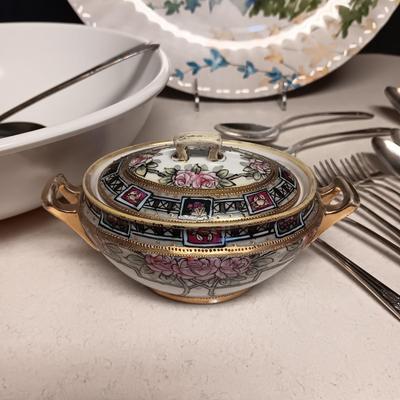 NIPPON SUGAR DISH, PLASTIC PLATTER AND BOWL PLUS SILVER PLATED SERVING UTENSILS