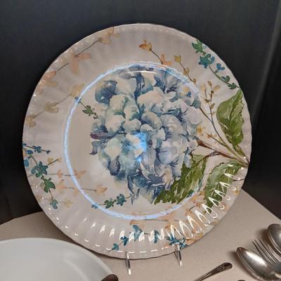 NIPPON SUGAR DISH, PLASTIC PLATTER AND BOWL PLUS SILVER PLATED SERVING UTENSILS