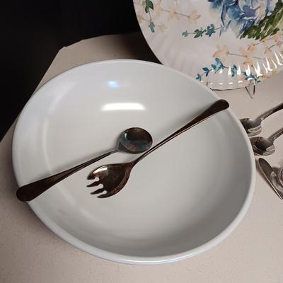 NIPPON SUGAR DISH, PLASTIC PLATTER AND BOWL PLUS SILVER PLATED SERVING UTENSILS