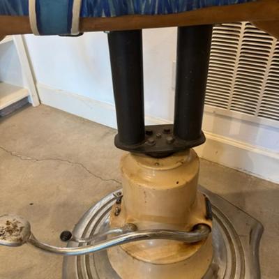 Sale Photo Thumbnail #26: on a working Barber Chair base. 
Horse can be raised and lowered by pumping one foot pedal for up and pushing and holding the other pedal.  Very heavy item.
Dimensions: Min height is 53.5" x approx 52" wide x 24" deep base,
Min height 38" tall is the seat