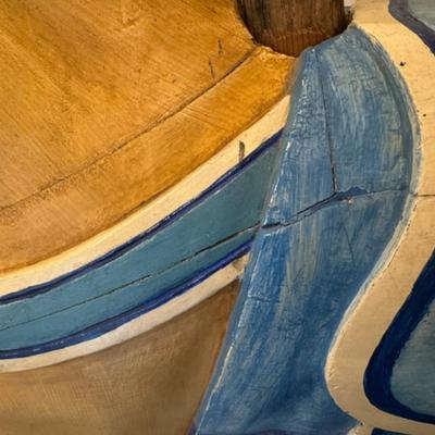 Sale Photo Thumbnail #21: on a working Barber Chair base. 
Horse can be raised and lowered by pumping one foot pedal for up and pushing and holding the other pedal.  Very heavy item.
Dimensions: Min height is 53.5" x approx 52" wide x 24" deep base,
Min height 38" tall is the seat