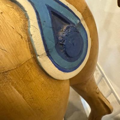 Sale Photo Thumbnail #19: on a working Barber Chair base. 
Horse can be raised and lowered by pumping one foot pedal for up and pushing and holding the other pedal.  Very heavy item.
Dimensions: Min height is 53.5" x approx 52" wide x 24" deep base,
Min height 38" tall is the seat