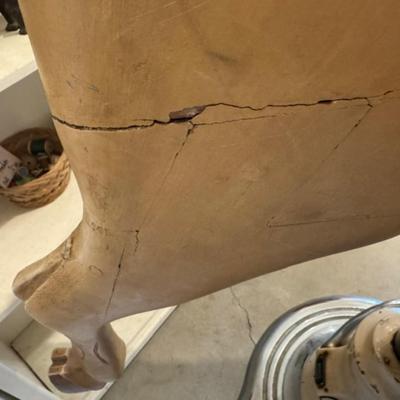 Sale Photo Thumbnail #13: on a working Barber Chair base. 
Horse can be raised and lowered by pumping one foot pedal for up and pushing and holding the other pedal.  Very heavy item.
Dimensions: Min height is 53.5" x approx 52" wide x 24" deep base,
Min height 38" tall is the seat