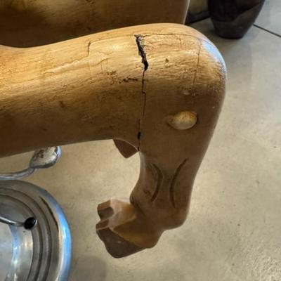 Sale Photo Thumbnail #30: on a working Barber Chair base. 
Horse can be raised and lowered by pumping one foot pedal for up and pushing and holding the other pedal.  Very heavy item.
Dimensions: Min height is 53.5" x approx 52" wide x 24" deep base,
Min height 38" tall is the seat