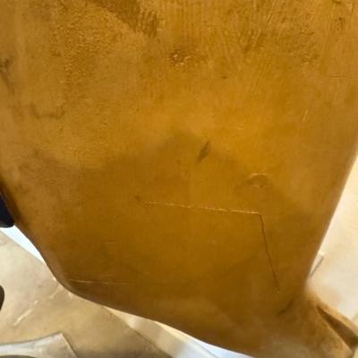 Sale Photo Thumbnail #22: on a working Barber Chair base. 
Horse can be raised and lowered by pumping one foot pedal for up and pushing and holding the other pedal.  Very heavy item.
Dimensions: Min height is 53.5" x approx 52" wide x 24" deep base,
Min height 38" tall is the seat