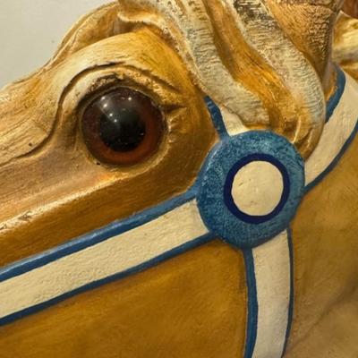 Sale Photo Thumbnail #16: on a working Barber Chair base. 
Horse can be raised and lowered by pumping one foot pedal for up and pushing and holding the other pedal.  Very heavy item.
Dimensions: Min height is 53.5" x approx 52" wide x 24" deep base,
Min height 38" tall is the seat