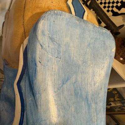 Sale Photo Thumbnail #11: on a working Barber Chair base. 
Horse can be raised and lowered by pumping one foot pedal for up and pushing and holding the other pedal.  Very heavy item.
Dimensions: Min height is 53.5" x approx 52" wide x 24" deep base,
Min height 38" tall is the seat