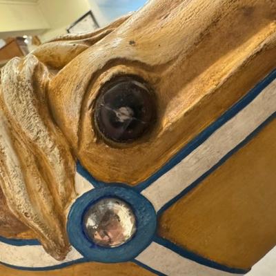 Sale Photo Thumbnail #7: on a working Barber Chair base. 
Horse can be raised and lowered by pumping one foot pedal for up and pushing and holding the other pedal.  Very heavy item.
Dimensions: Min height is 53.5" x approx 52" wide x 24" deep base,
Min height 38" tall is the seat