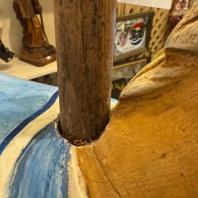 Sale Photo Thumbnail #9: on a working Barber Chair base. 
Horse can be raised and lowered by pumping one foot pedal for up and pushing and holding the other pedal.  Very heavy item.
Dimensions: Min height is 53.5" x approx 52" wide x 24" deep base,
Min height 38" tall is the seat