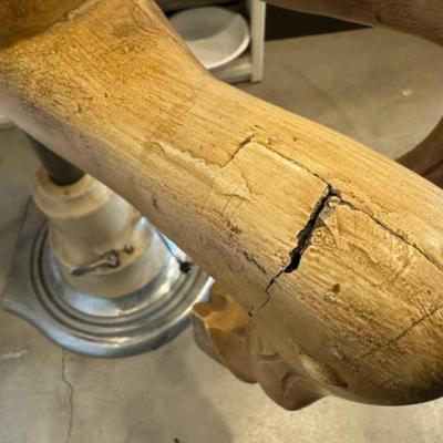 Sale Photo Thumbnail #5: on a working Barber Chair base. 
Horse can be raised and lowered by pumping one foot pedal for up and pushing and holding the other pedal.  Very heavy item.
Dimensions: Min height is 53.5" x approx 52" wide x 24" deep base,
Min height 38" tall is the seat