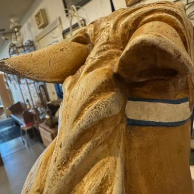 Sale Photo Thumbnail #14: on a working Barber Chair base. 
Horse can be raised and lowered by pumping one foot pedal for up and pushing and holding the other pedal.  Very heavy item.
Dimensions: Min height is 53.5" x approx 52" wide x 24" deep base,
Min height 38" tall is the seat