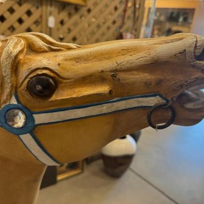 Sale Photo Thumbnail #28: on a working Barber Chair base. 
Horse can be raised and lowered by pumping one foot pedal for up and pushing and holding the other pedal.  Very heavy item.
Dimensions: Min height is 53.5" x approx 52" wide x 24" deep base,
Min height 38" tall is the seat