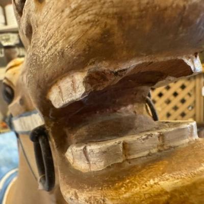 Sale Photo Thumbnail #15: on a working Barber Chair base. 
Horse can be raised and lowered by pumping one foot pedal for up and pushing and holding the other pedal.  Very heavy item.
Dimensions: Min height is 53.5" x approx 52" wide x 24" deep base,
Min height 38" tall is the seat