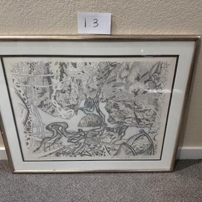 Sale Photo Thumbnail #55: Signed to Bruce
numbered 16/100
Dimensions: 34.5" wide x 28" tall x 1" deep
Artist Mati Klarwein was born on April 9, 1932, and died on March 7, 2002