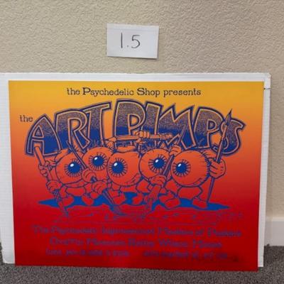 Sale Photo Thumbnail #101: Art Pimps poster "as found" signed by Stanley Mouse
25.5" x 19.5"
marked 9/20 or 5/20?
slight bent corners and a tiny bit of dirt on the back.  See pictures.