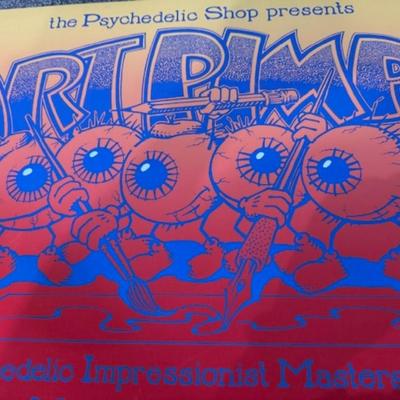 Sale Photo Thumbnail #108: Art Pimps poster "as found" signed by Stanley Mouse
25.5" x 19.5"
marked 9/20 or 5/20?
slight bent corners and a tiny bit of dirt on the back.  See pictures.