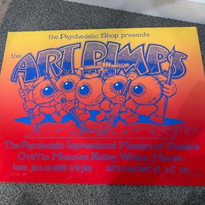 Sale Photo Thumbnail #104: Art Pimps poster "as found" signed by Stanley Mouse
25.5" x 19.5"
marked 9/20 or 5/20?
slight bent corners and a tiny bit of dirt on the back.  See pictures.