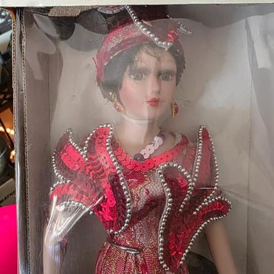 Lady Brianna Collector Edition Porcelain Doll – Red Sequin Lace Gown with Stand & Original Box (New in Box)