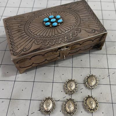 Sterling Silver Box with Button Covers, has Turquoise Stones