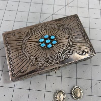 Sterling Silver Box with Button Covers, has Turquoise Stones