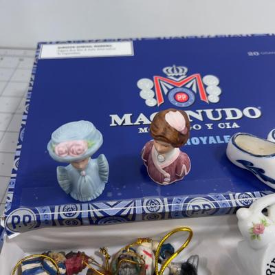 Cigar Box full of Miniature Ceramics and Christmas