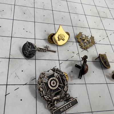 Sterling Silver Marksmen badge with a bunch of U S  Military Pins