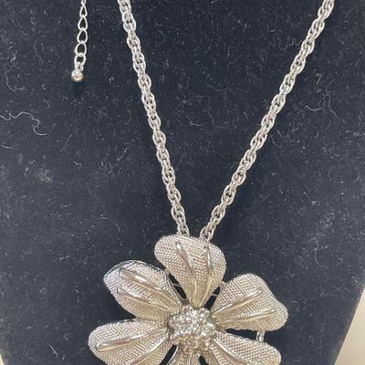Silver tone flower necklace and earrings