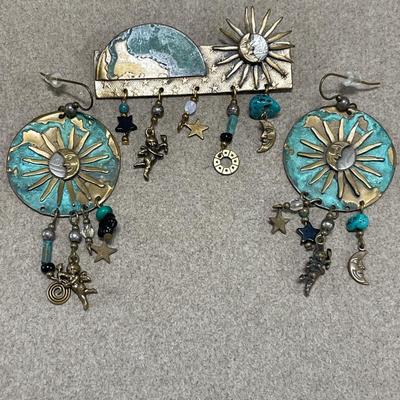 Geometric landscape pin and green patina brass