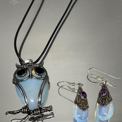 Incredible opalite and sterling earrings with opalite owl necklace