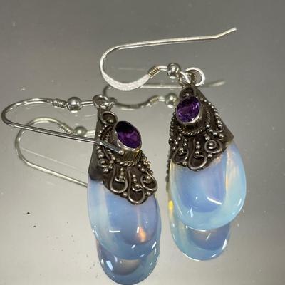 Incredible opalite and sterling earrings with opalite owl necklace