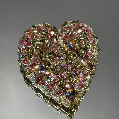 Heart Brooch with pink rhinestones/Aurora borealis