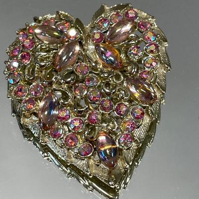 Heart Brooch with pink rhinestones/Aurora borealis