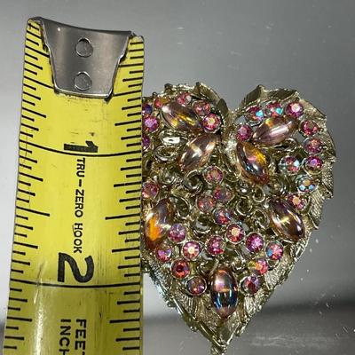 Heart Brooch with pink rhinestones/Aurora borealis