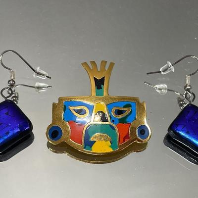 Tribal enamel pin with dichroic glass earrings