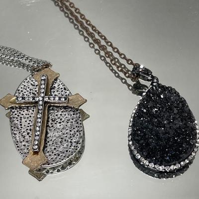 Black agate druzy and cross necklace