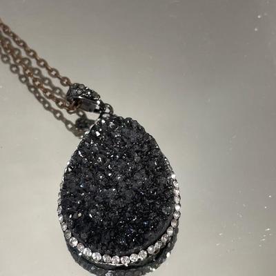 Black agate druzy and cross necklace