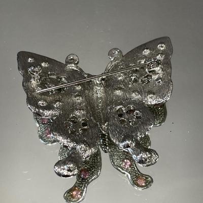 Filigree butterfly brooch and pink rhinestone butterfly brooch