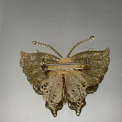 Filigree butterfly brooch and pink rhinestone butterfly brooch