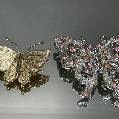 Filigree butterfly brooch and pink rhinestone butterfly brooch