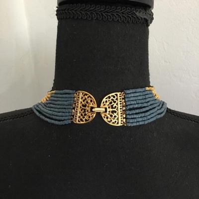 Gorgeous, vintage, blue & satin gold, toned, multi strand, statement, necklace, and matching earrings set