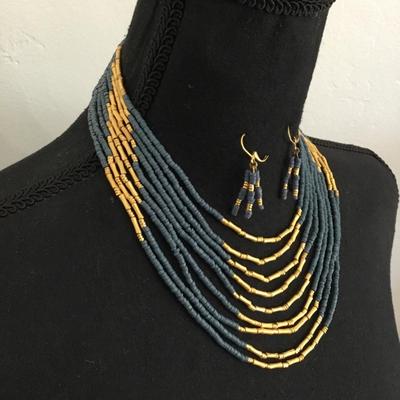 Gorgeous, vintage, blue & satin gold, toned, multi strand, statement, necklace, and matching earrings set