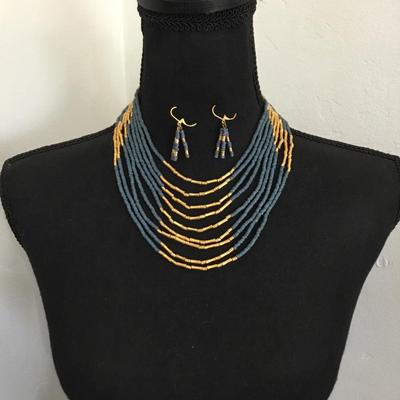 Gorgeous, vintage, blue & satin gold, toned, multi strand, statement, necklace, and matching earrings set